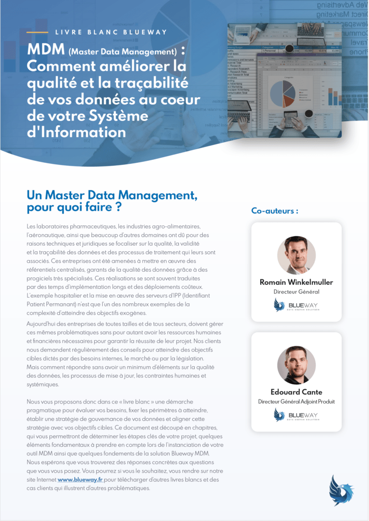 Découvrez comment le Master Data Management (MDM) optimise la qualité et la traçabilité de vos données au cœur de votre SI. Téléchargez le livre blanc Blueway sur DecideOm !